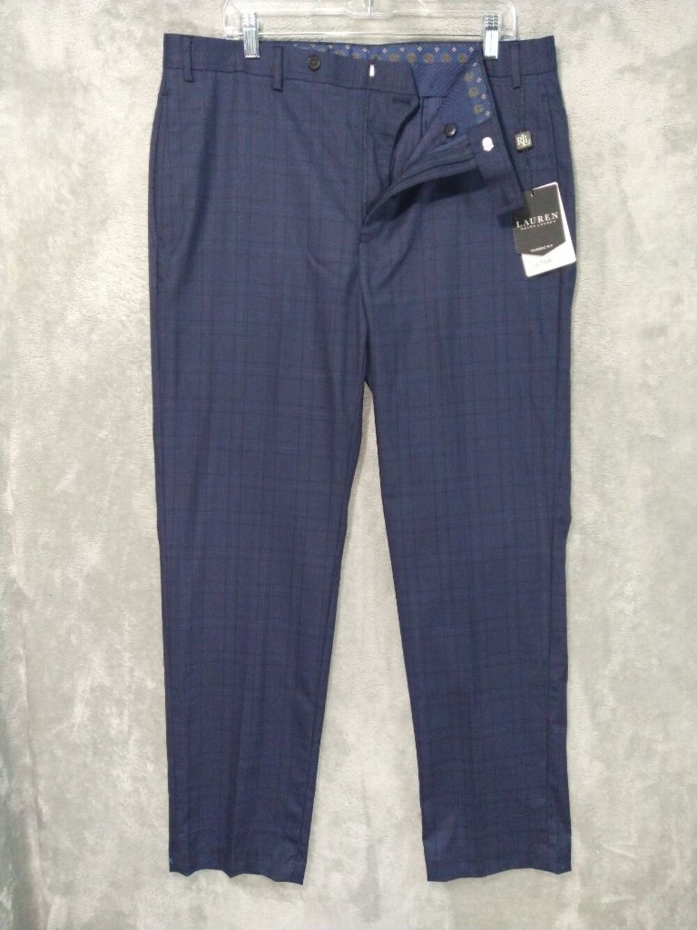 Ralph Lauren Pants Mens 36x32 Blue Plaid Flat Front Straight Leg Trousers Dress